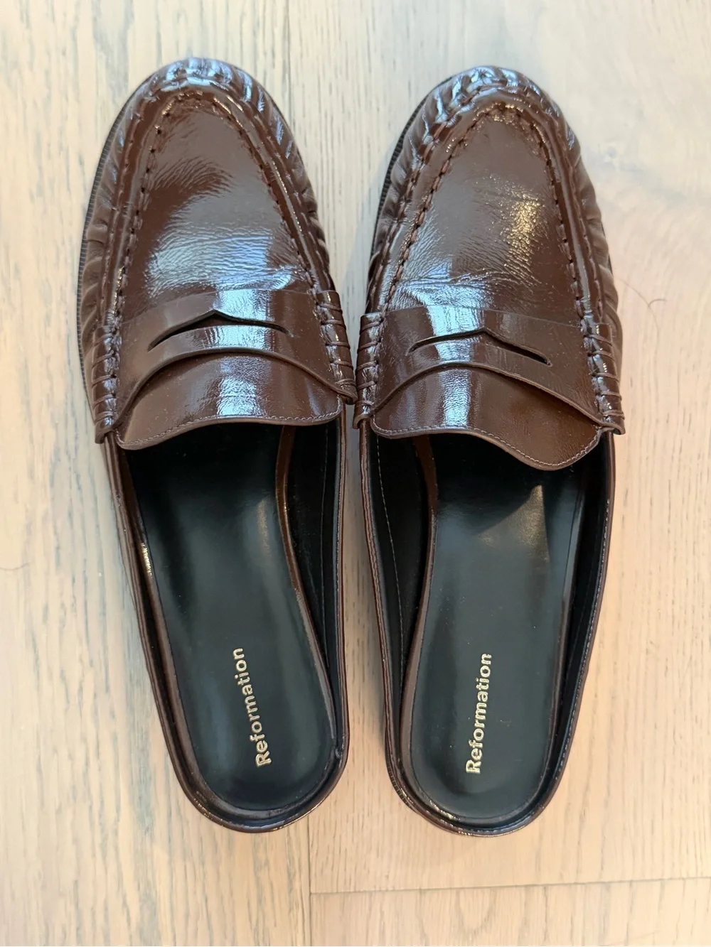 Reformation Dark Brown Patent Leather Penny Loafer Mules